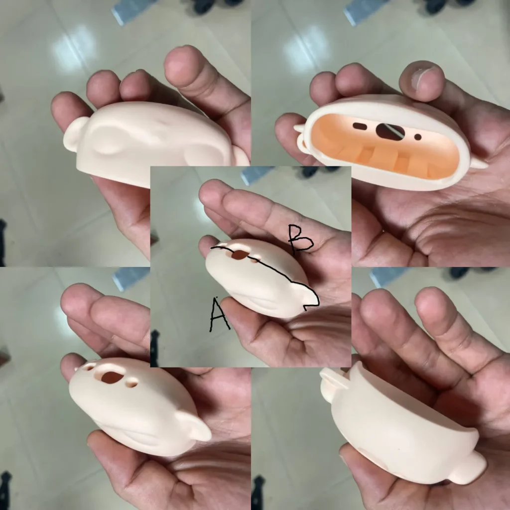 A and B mold halves with silicone product showcasing parting lines