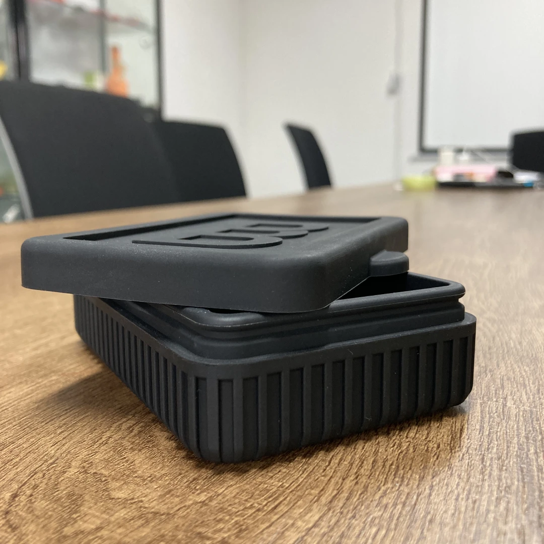 Finished custom silicone enclosure prototype produced from CNC-milled stainless soft tooling