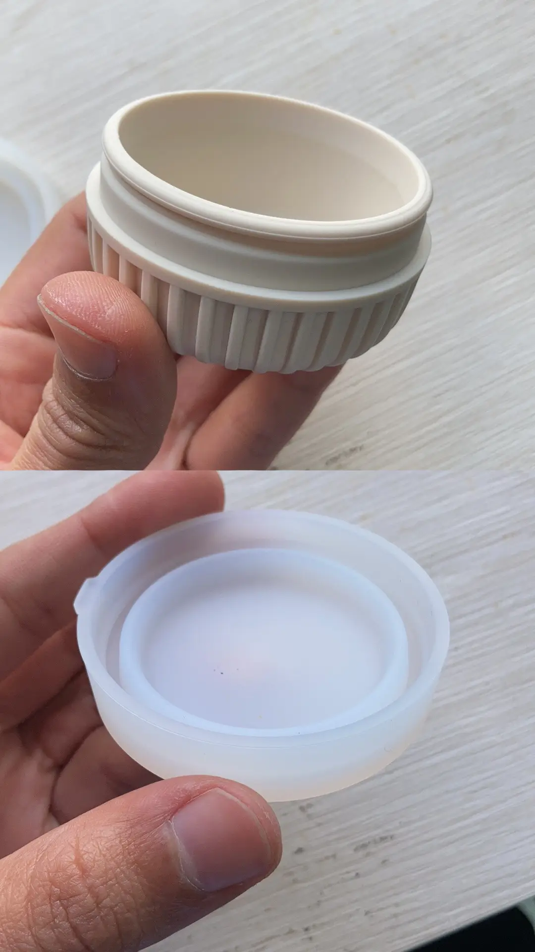 Custom silicone round container with ribbed grip and removable lid showing interior and sealing lip detail