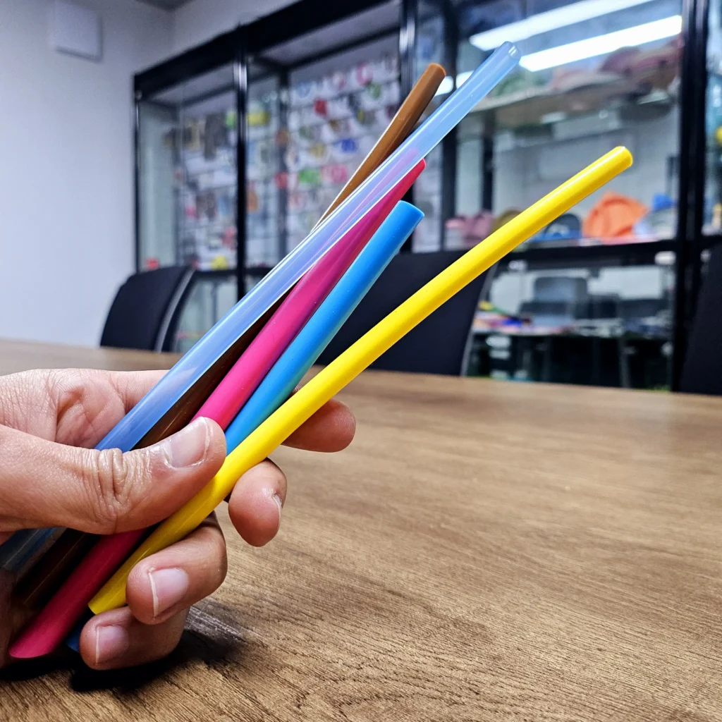 A drinking straw made from flexible and soft silicone material.